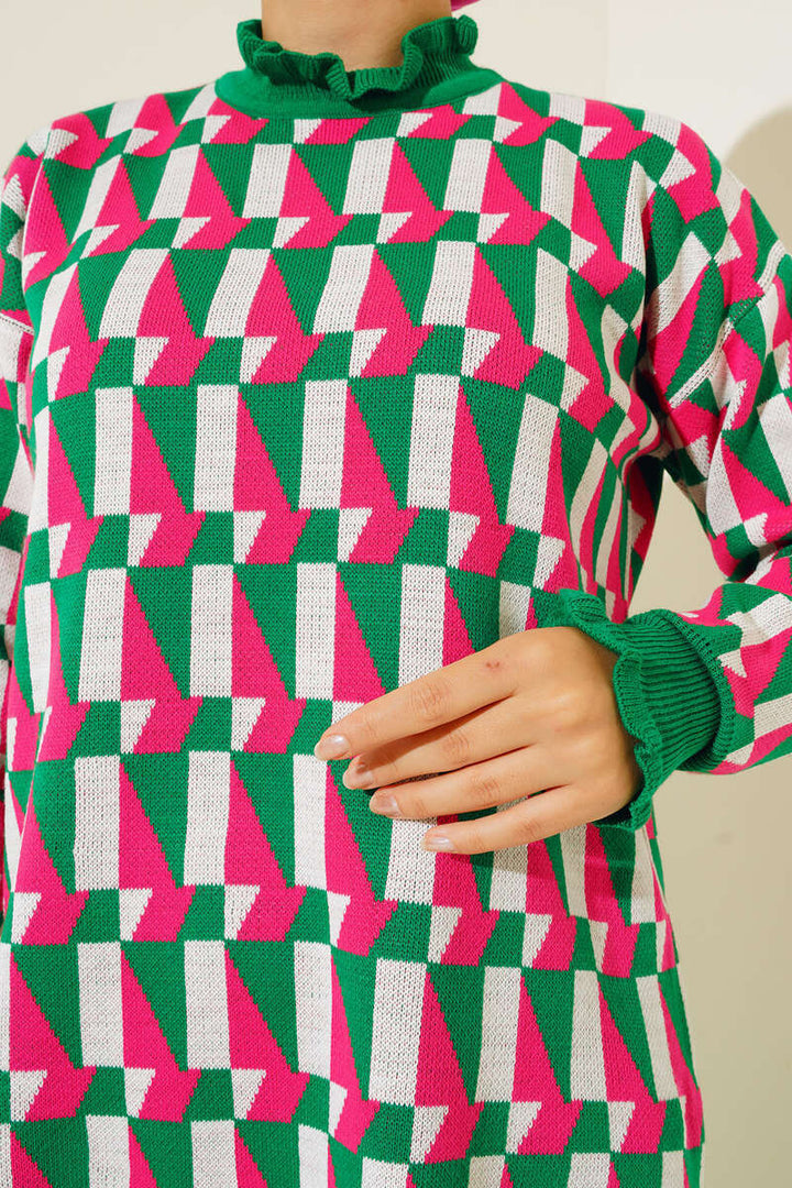 BNG Women Green Frilled Patterned Turtleneck Sweater - Clermont