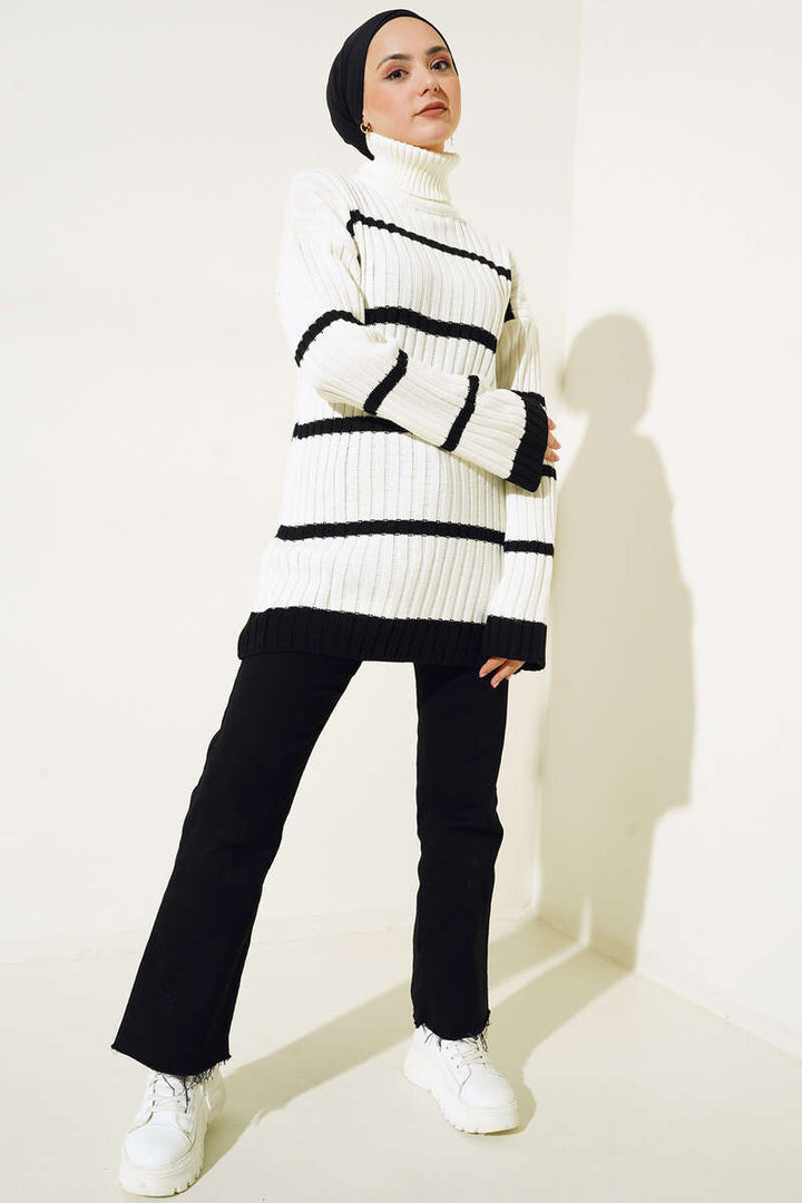 BNG Women Striped Fisherman Collar Knit Tunic Ecru - Clermont