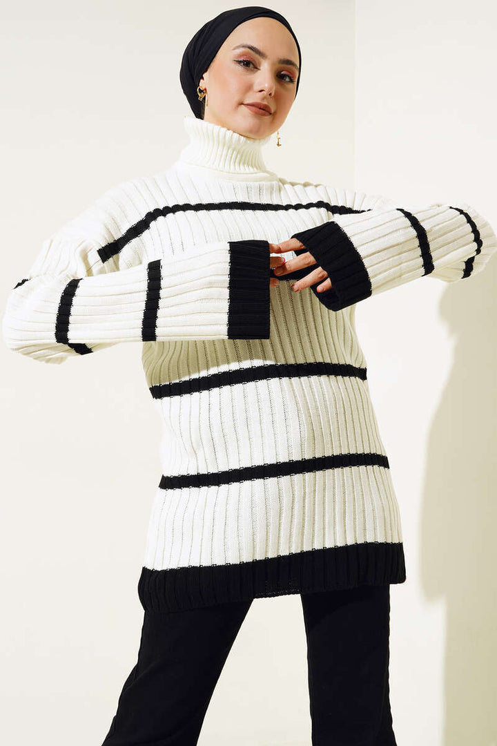 BNG Women Striped Fisherman Collar Knit Tunic Ecru - Clermont