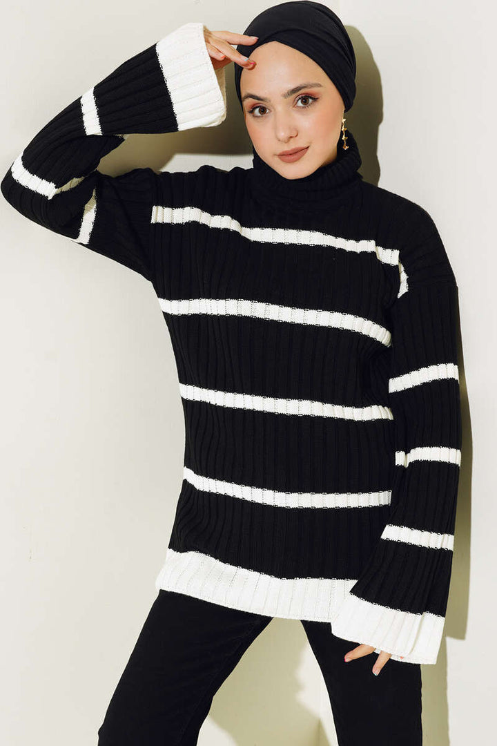 BNG Women Striped Fisherman Collar Knit Tunic Black - Clermont