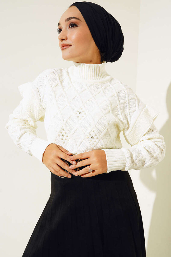 BNG Women -7058 Half Fisherman Collar Sweater in Ecru with Pearl Embroidery - Clermont