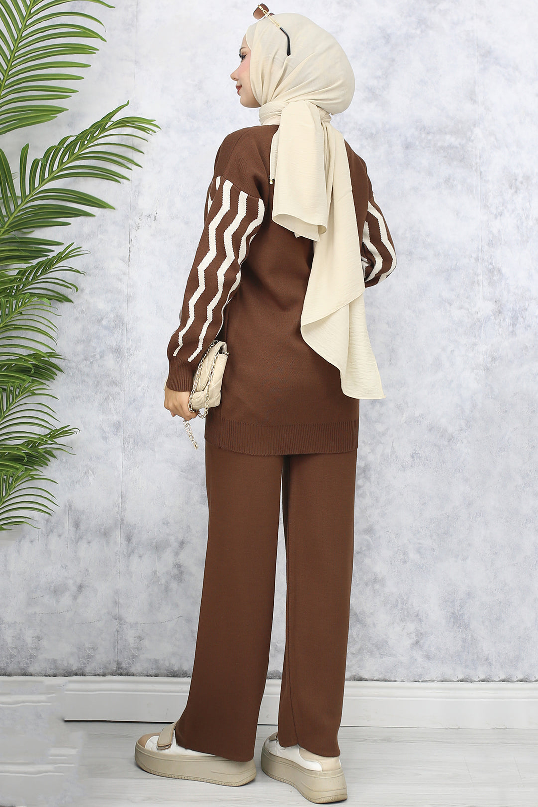 BNG Women Brown Knit Set with Patterned Sleeves - Năvodari