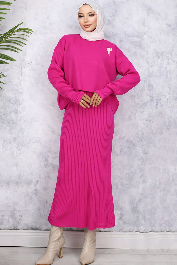 BNG Women Fisherman Collar Brooch Detailed Cardigan Knitwear Set Fuchsia - Charlottetown