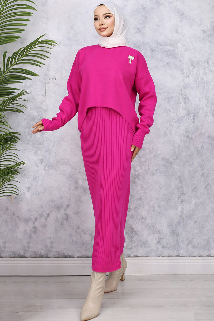 BNG Women Fisherman Collar Brooch Detailed Cardigan Knitwear Set Fuchsia - Charlottetown