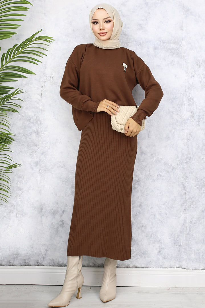 BNG Women Fisherman Collar Brooch Detailed Cardigan Knitwear Set Brown - Lower Paxton