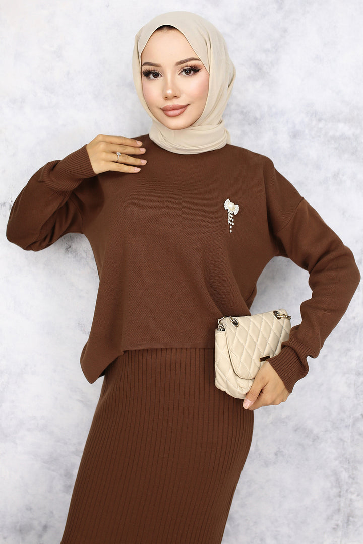BNG Women Fisherman Collar Brooch Detailed Cardigan Knitwear Set Brown - Lower Paxton