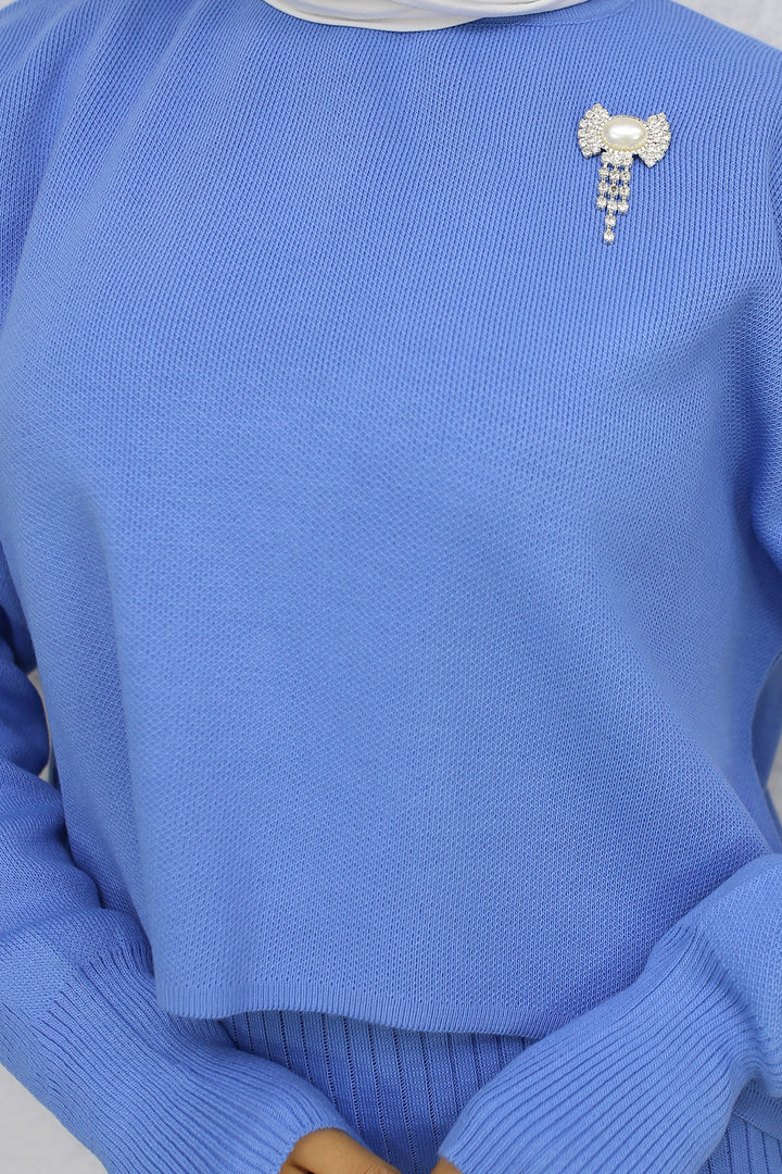 BNG Women Fisherman Collar Brooch Detailed Cardigan Knit Set Blue - Trujillo Alto