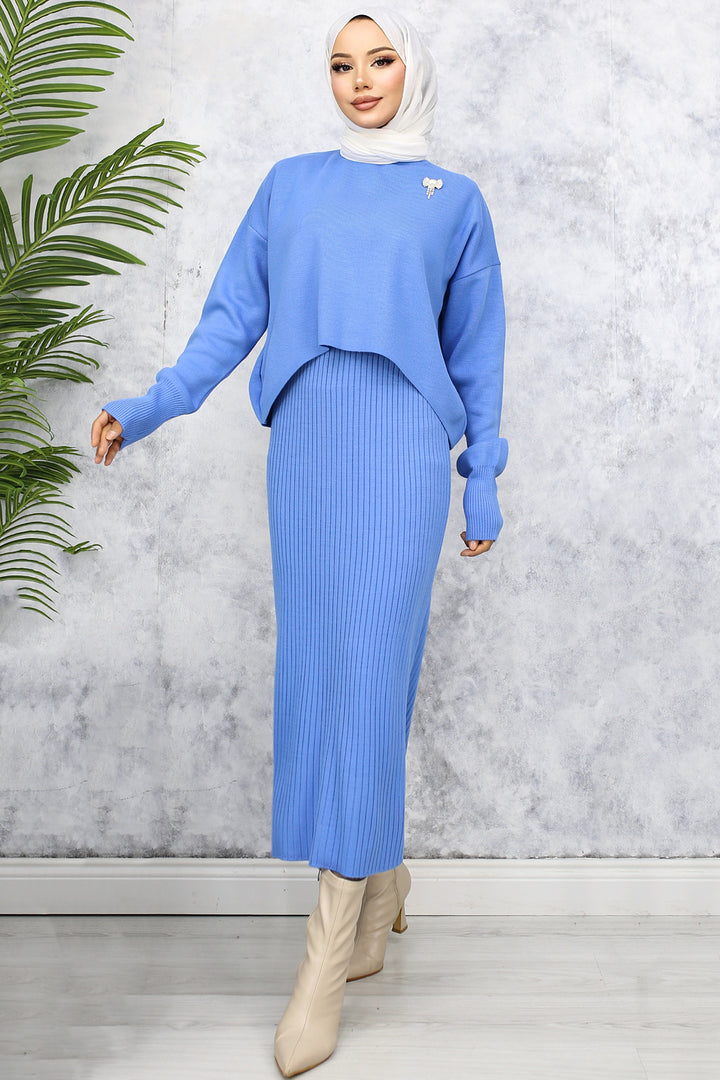 BNG Women Fisherman Collar Brooch Detailed Cardigan Knit Set Blue - Trujillo Alto