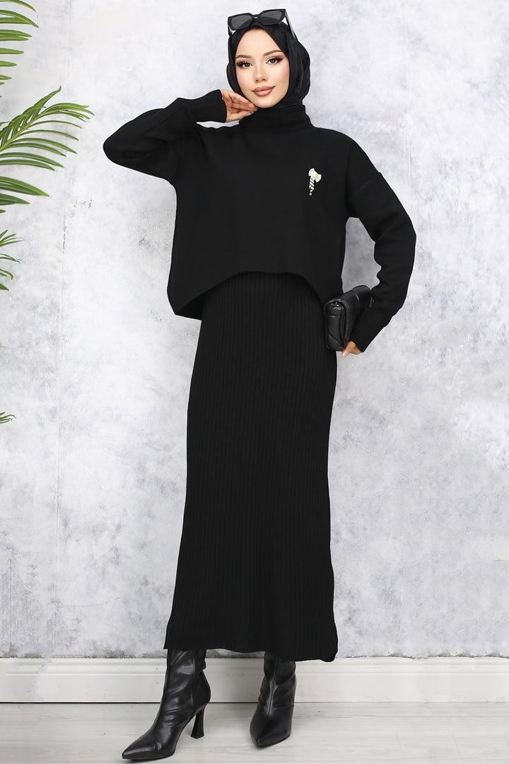 BNG Women Fisherman Collar Brooch Detailed Cardigan Knitwear Set Black - Slobozia