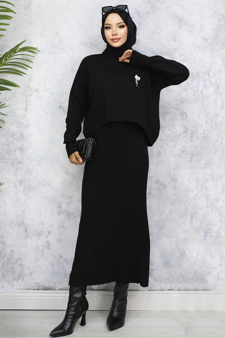 BNG Women Fisherman Collar Brooch Detailed Cardigan Knitwear Set Black - Slobozia