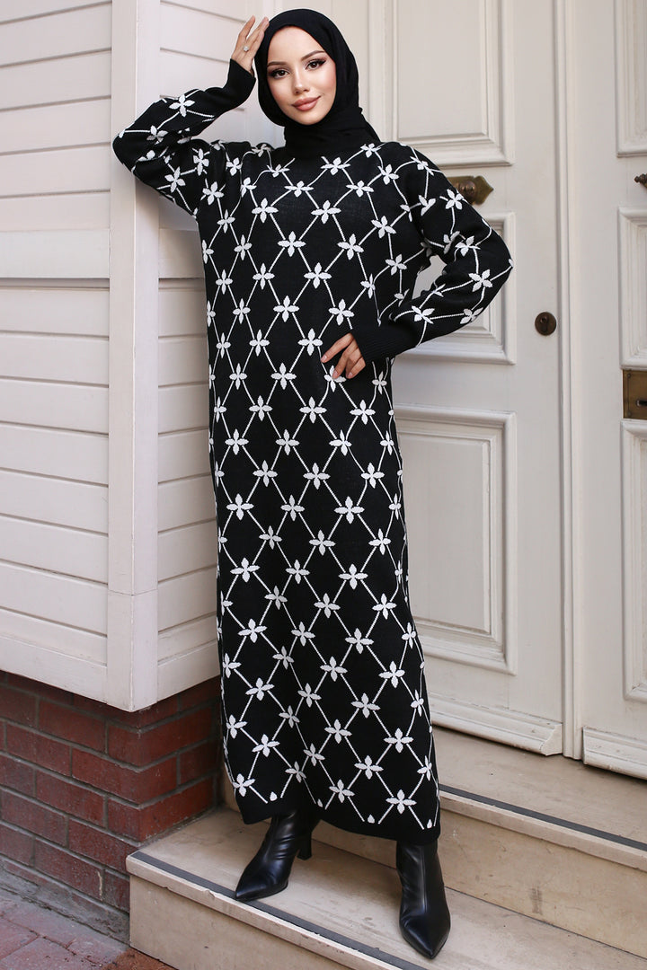 BNG Women Floral Patterned Knit Dress Black - Langen
