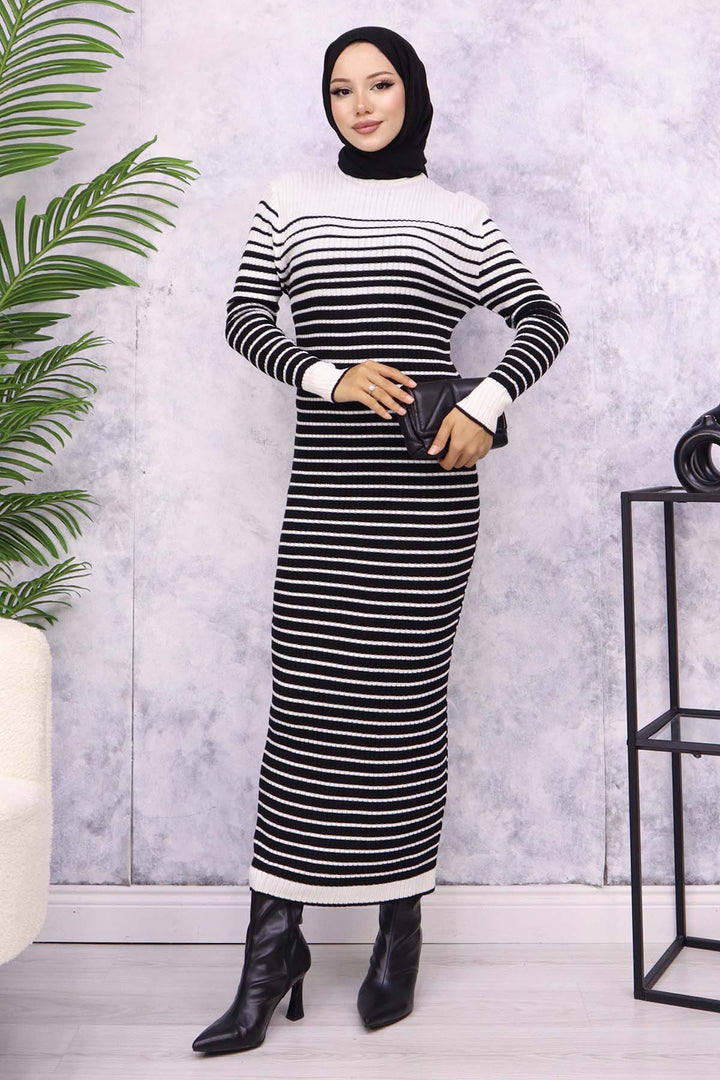 BNG Women Fisherman Collar Striped Knit Dress Ecru - Oleksandriia
