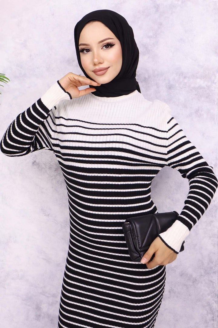 BNG Women Fisherman Collar Striped Knit Dress Ecru - Oleksandriia