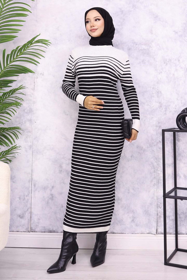 BNG Women Fisherman Collar Striped Knit Dress Ecru - Oleksandriia