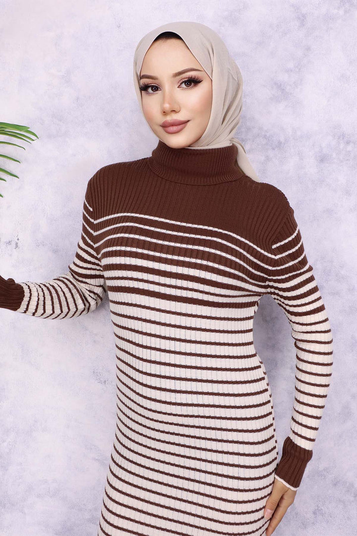 BNG Women Fisherman Collar Striped Knit Dress Brown - Albstadt