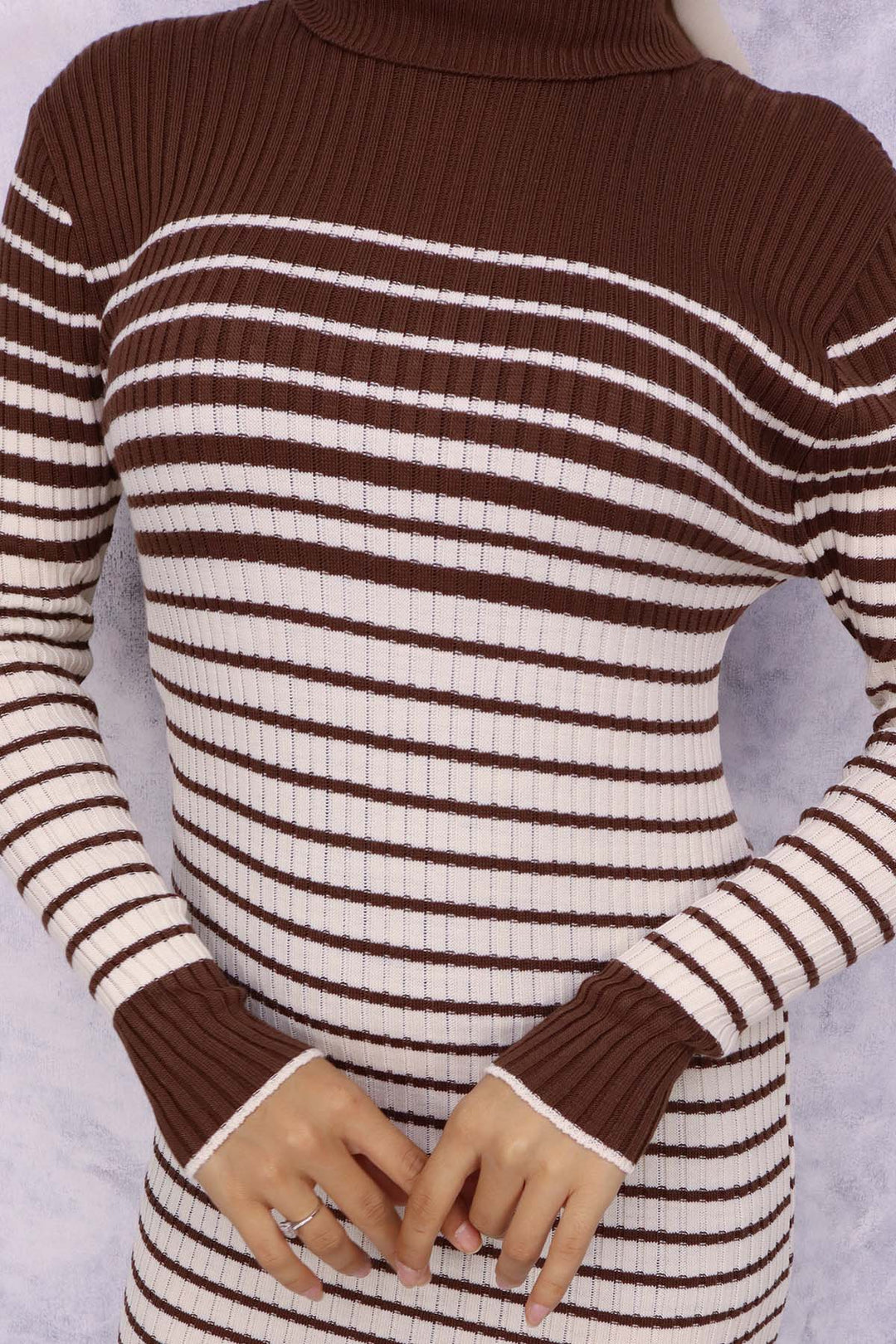 BNG Women Fisherman Collar Striped Knit Dress Brown - Albstadt