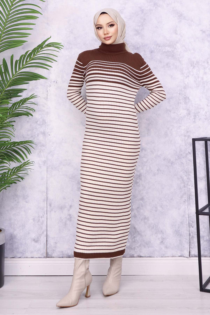 BNG Women Fisherman Collar Striped Knit Dress Brown - Albstadt