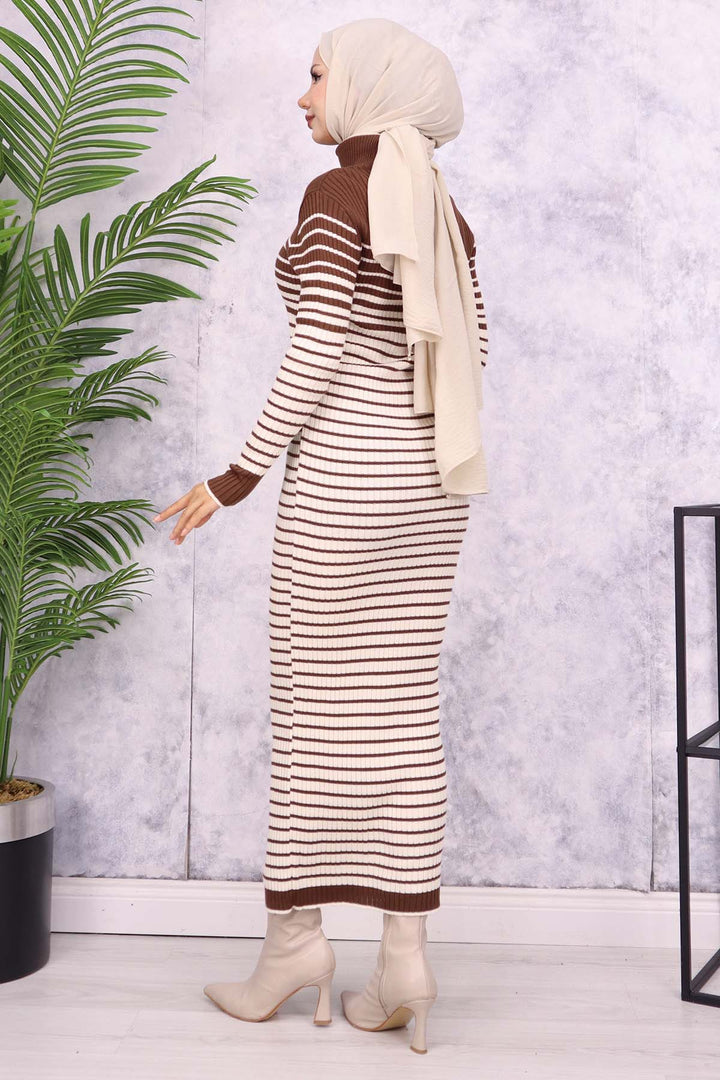 BNG Women Fisherman Collar Striped Knit Dress Brown - Albstadt