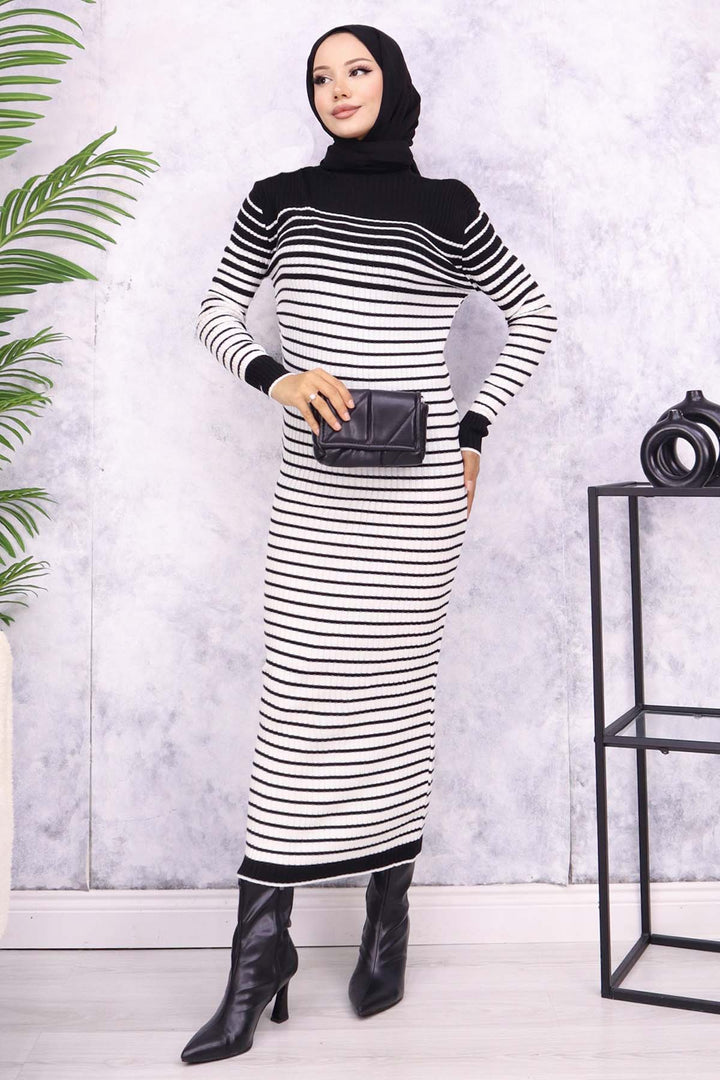 BNG Women Fisherman Collar Striped Knit Dress Black - Almería