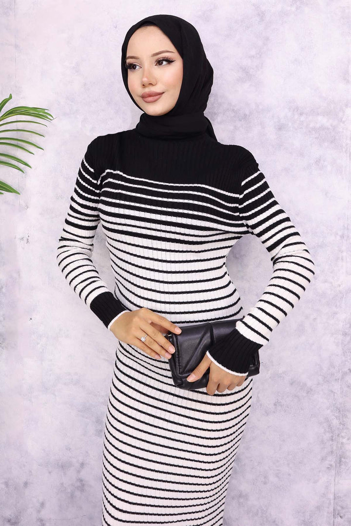 BNG Women Fisherman Collar Striped Knit Dress Black - Almería