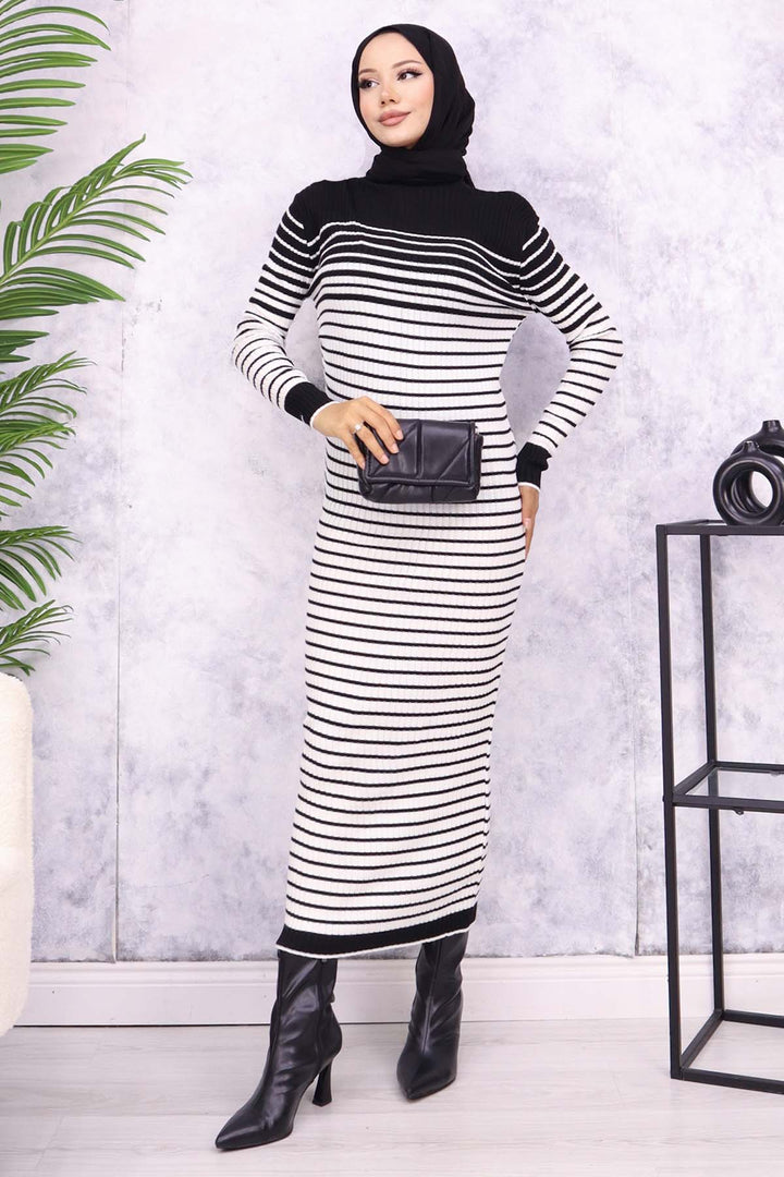 BNG Women Fisherman Collar Striped Knit Dress Black - Almería