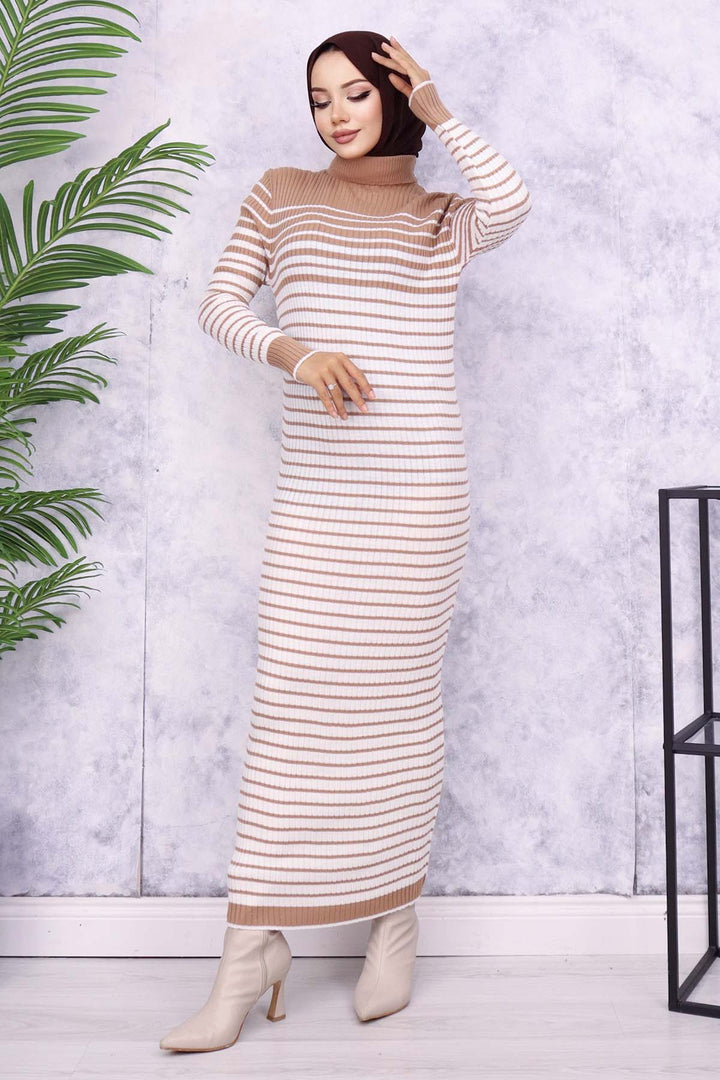 BNG Women Fisherman Collar Striped Knit Dress Mink - Sfântu-Gheorghe