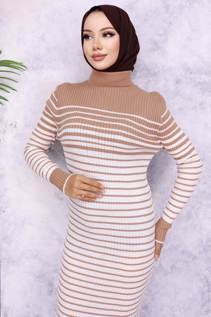 BNG Women Fisherman Collar Striped Knit Dress Mink - Sfântu-Gheorghe
