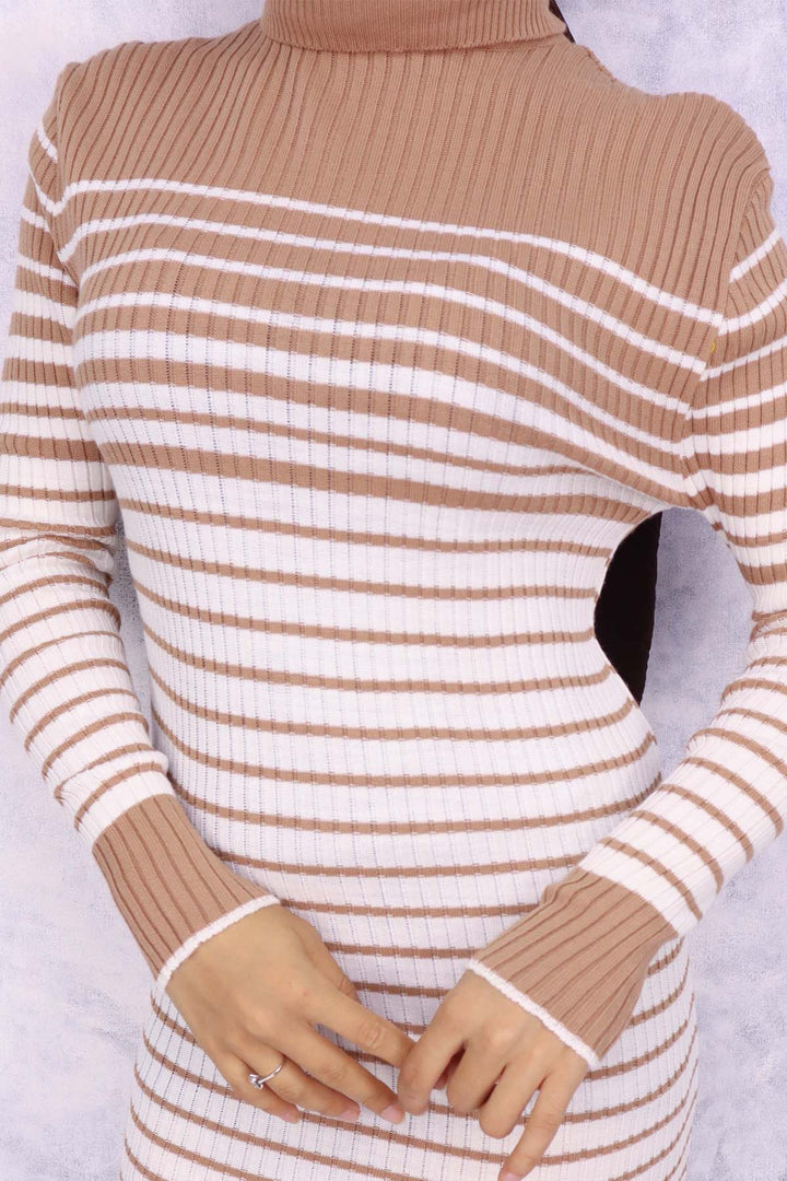 BNG Women Fisherman Collar Striped Knit Dress Mink - Sfântu-Gheorghe