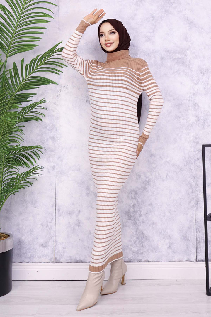 BNG Women Fisherman Collar Striped Knit Dress Mink - Sfântu-Gheorghe