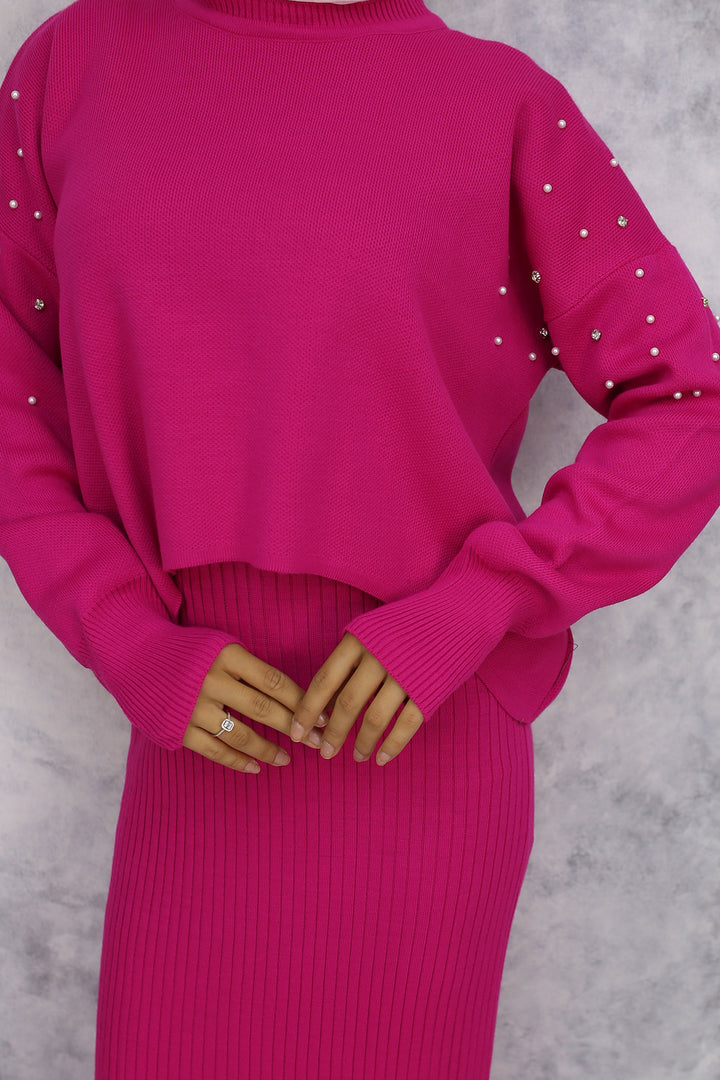 BNG Women Pearl Detailed Cardigan Knit Set Fuchsia - Marlboro