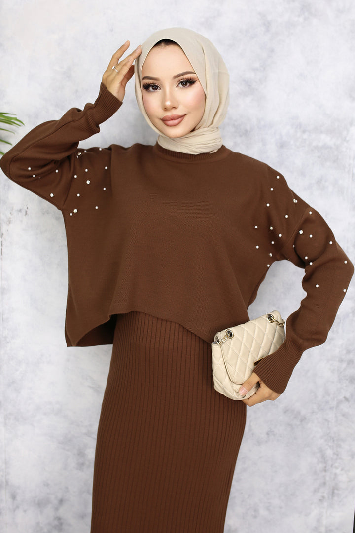 BNG Women Pearl Detailed Cardigan Knitwear Set Brown - Zweibrücken