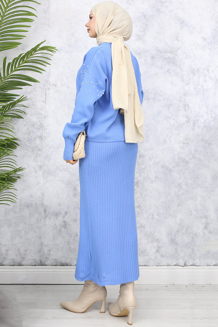 BNG Women Pearl Detailed Cardigan Knit Set Blue - Erkelenz