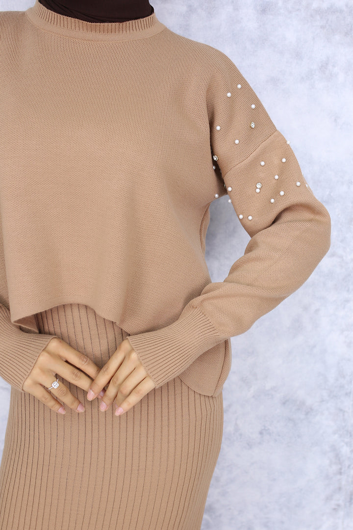 BNG Women Pearl Detailed Cardigan Knit Set Mink - Omaha