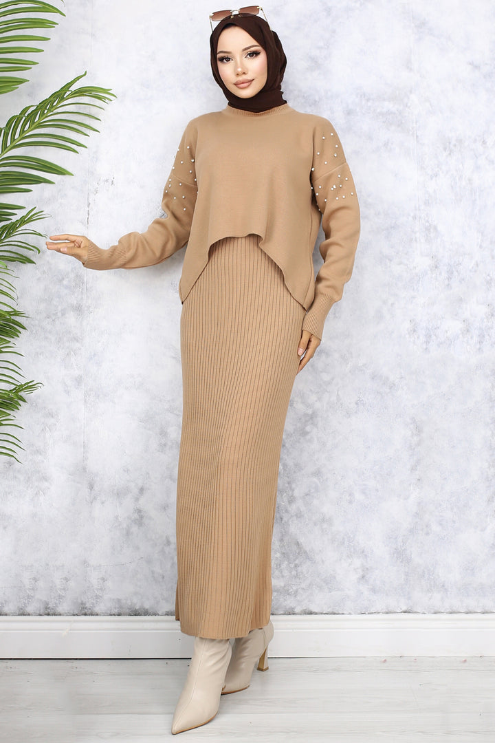 BNG Women Pearl Detailed Cardigan Knit Set Mink - Omaha