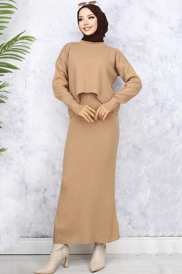 BNG Women Pearl Detailed Cardigan Knit Set Mink - Omaha