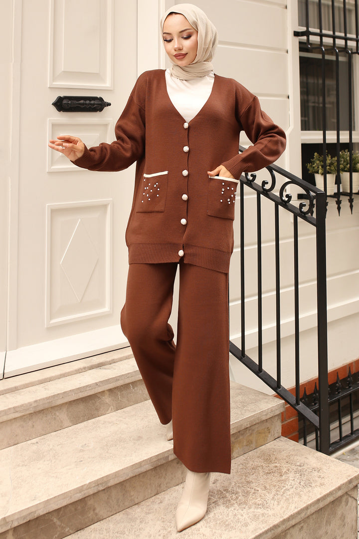 BNG Women Pocket Stone Detailed Knitwear Set Brown - Arrecife