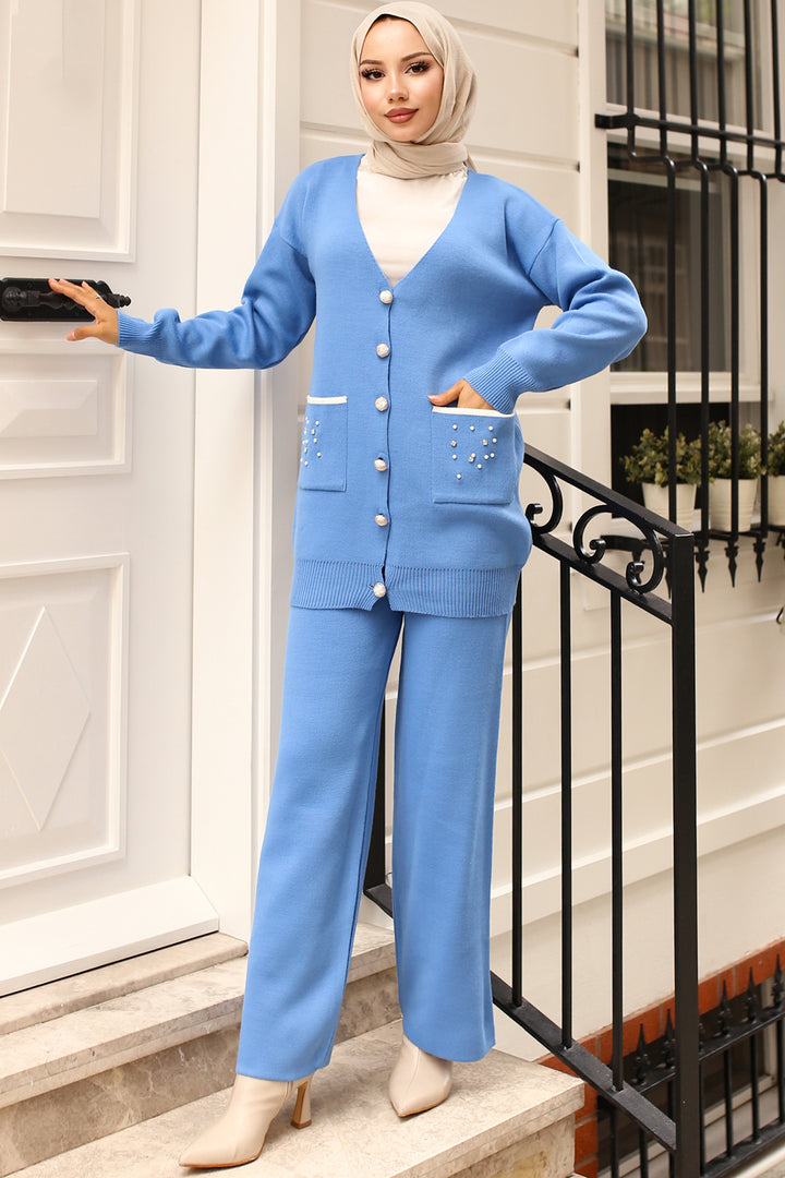 BNG Women Pocket Stone Detailed Knit Set Blue - Oraiókastro