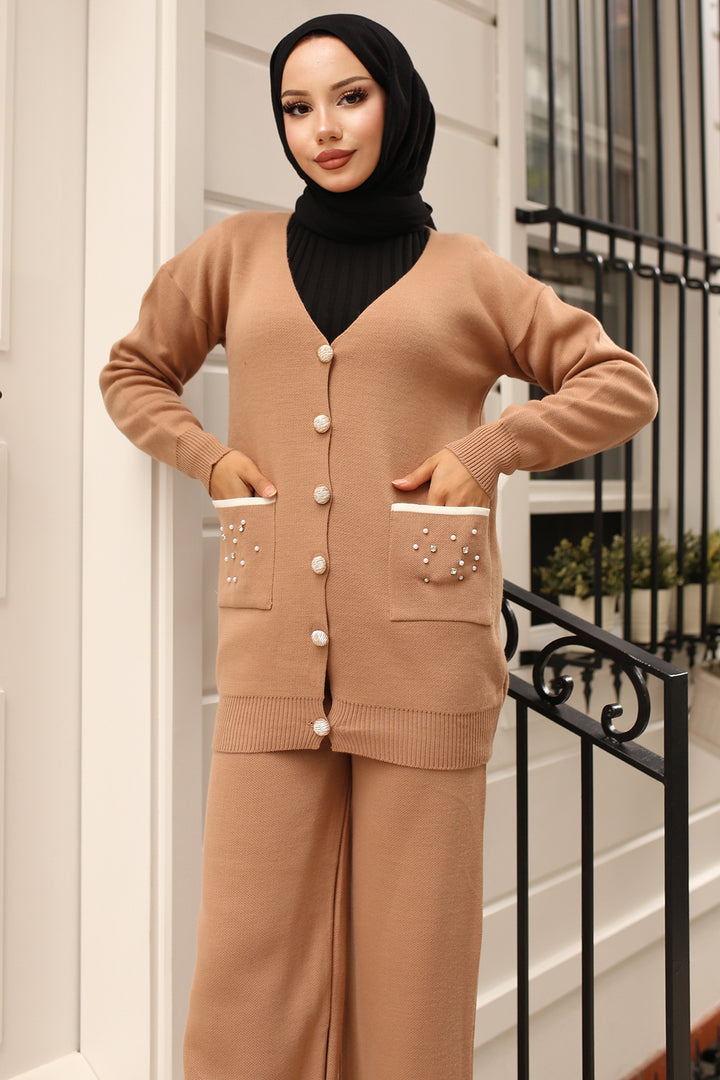 BNG Women Pocket Stone Detailed Knit Set Mink - Ploieşti