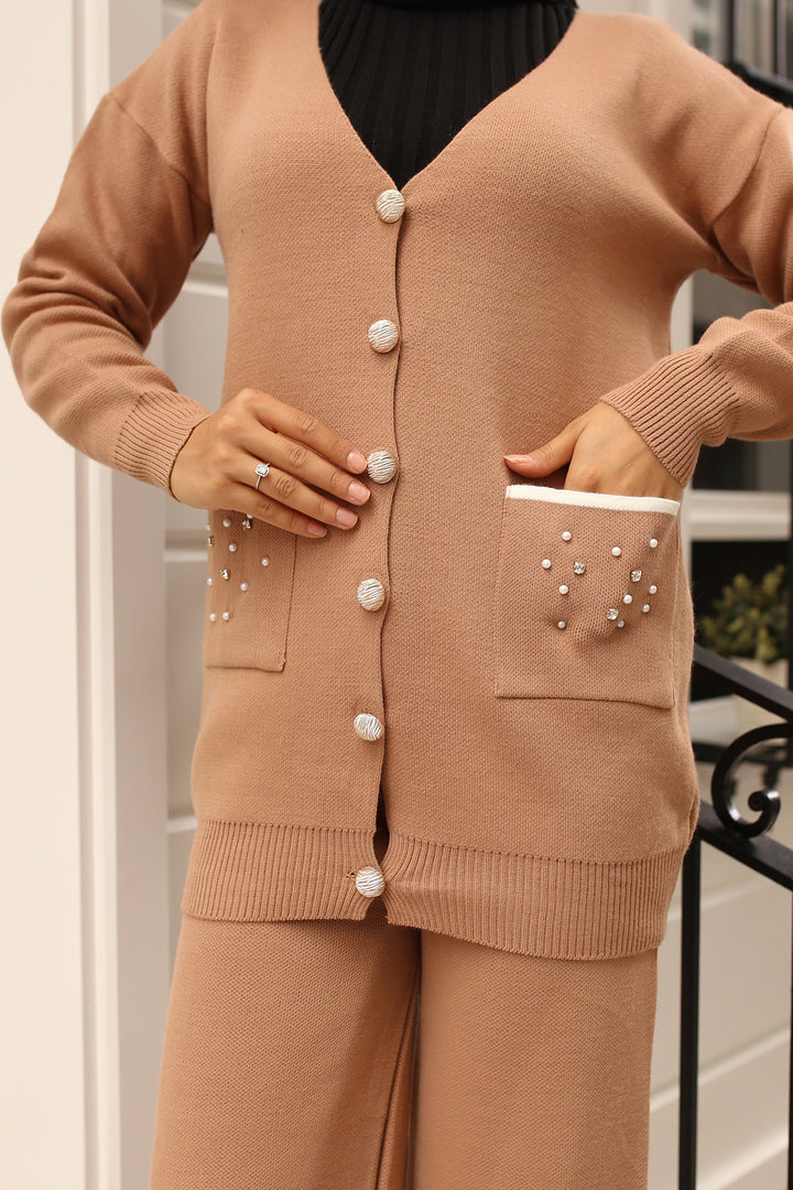 BNG Women Pocket Stone Detailed Knit Set Mink - Ploieşti