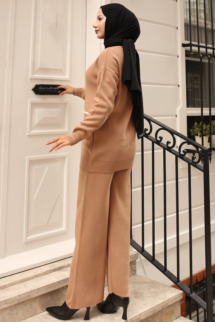 BNG Women Pocket Stone Detailed Knit Set Mink - Ploieşti