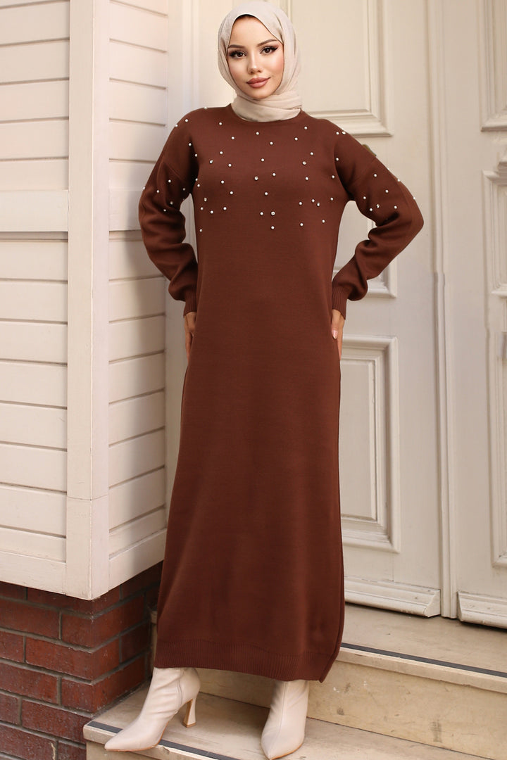 BNG Women Pearl Detailed Knit Dress Brown - Maroúsi