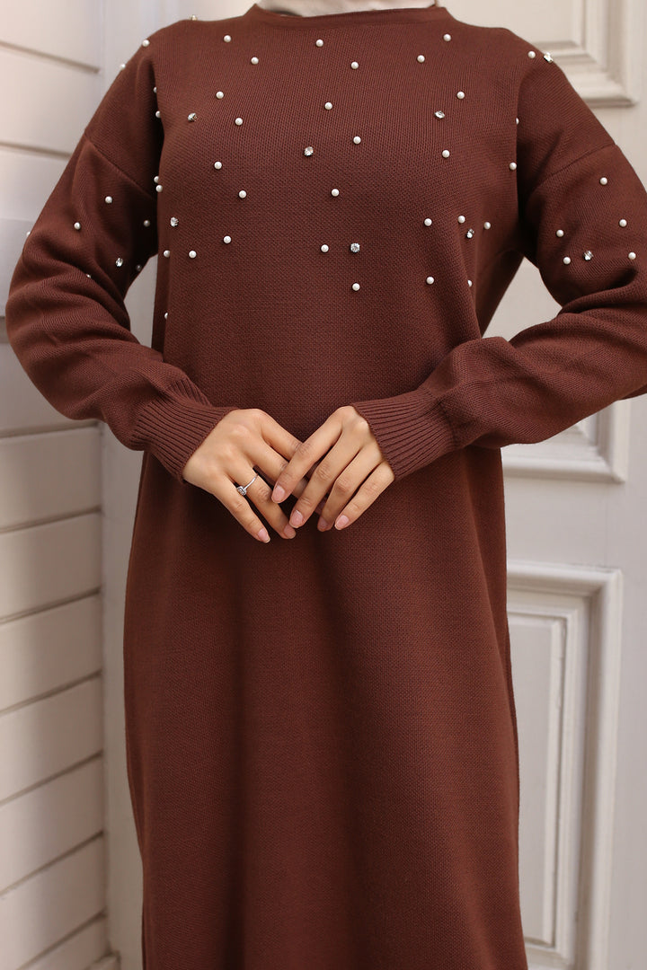 BNG Women Pearl Detailed Knit Dress Brown - Maroúsi