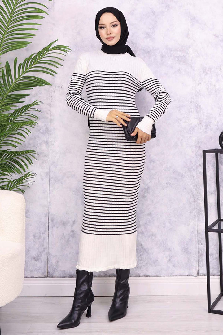 BNG Women Fisherman Collar Striped Dress Ecru - Siracusa
