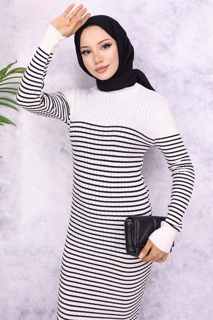 BNG Women Fisherman Collar Striped Dress Ecru - Siracusa