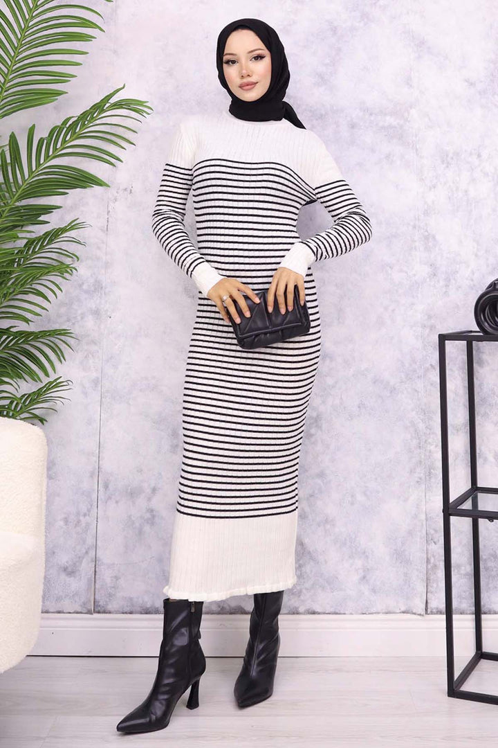 BNG Women Fisherman Collar Striped Dress Ecru - Siracusa