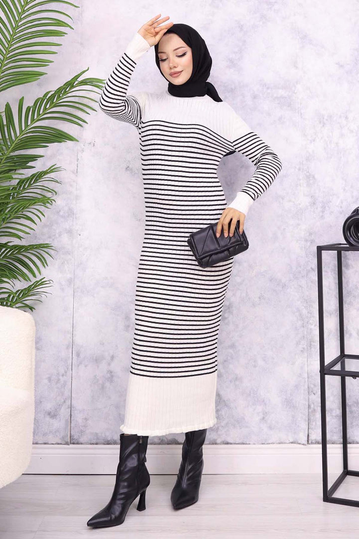 BNG Women Fisherman Collar Striped Dress Ecru - Siracusa