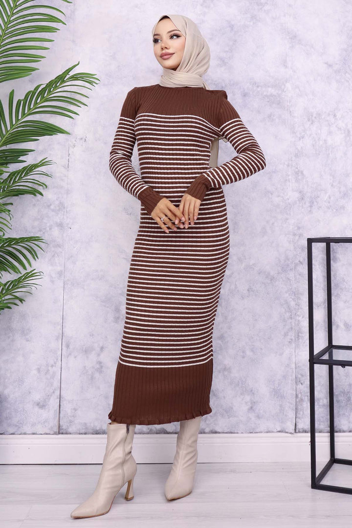 BNG Women Fisherman Collar Striped Dress Brown - Turnhout