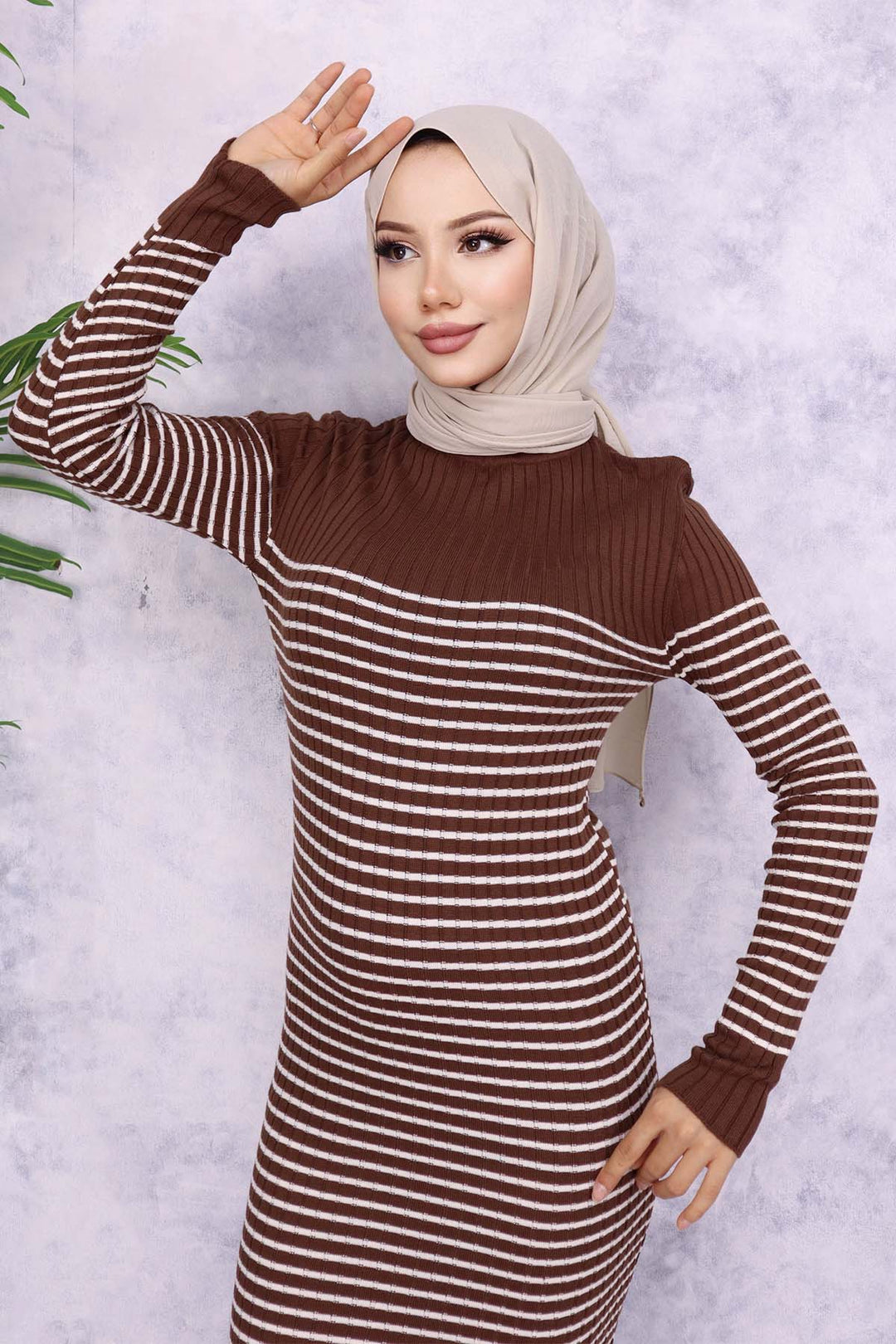 BNG Women Fisherman Collar Striped Dress Brown - Turnhout