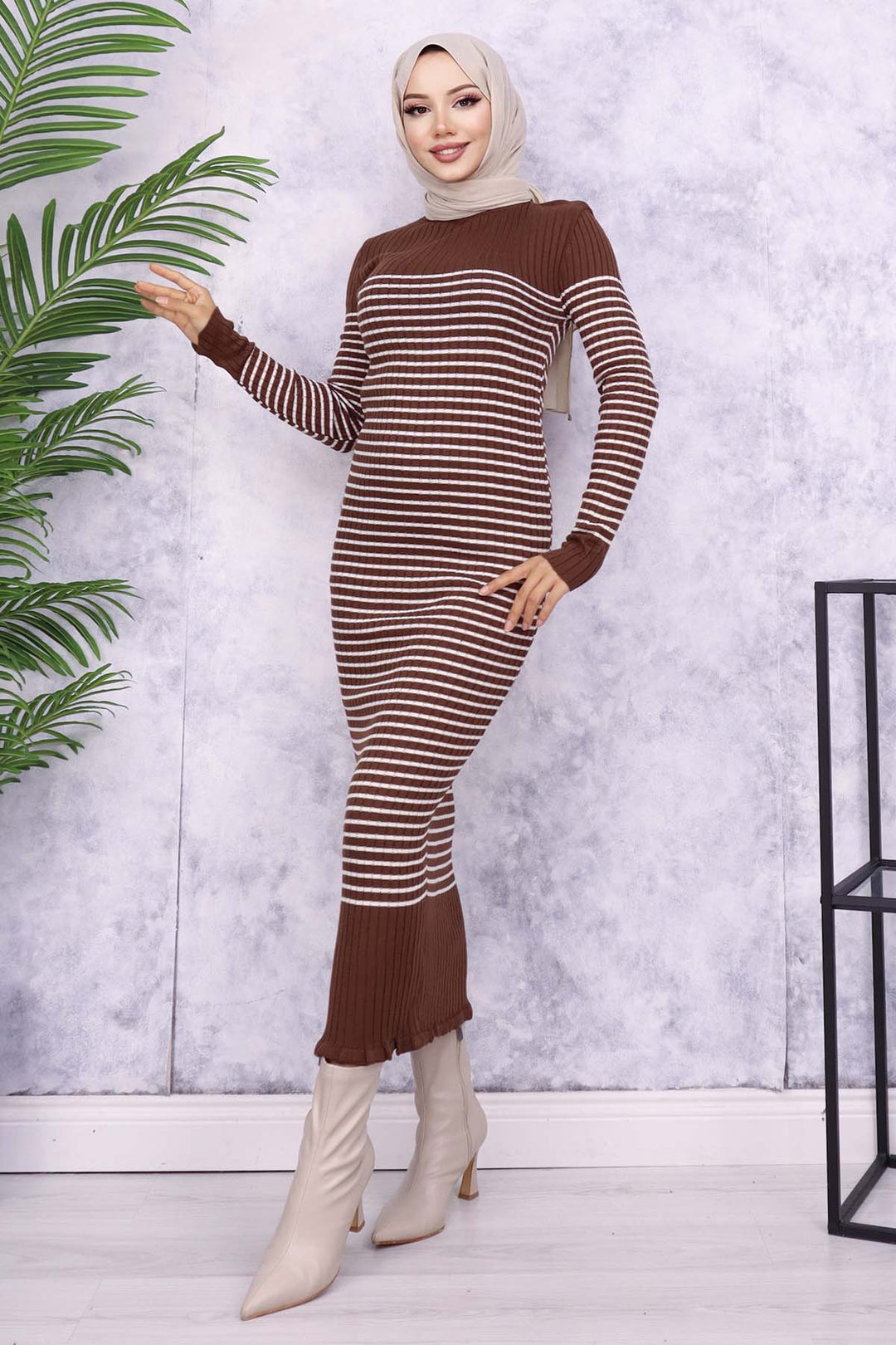 BNG Women Fisherman Collar Striped Dress Brown - Turnhout