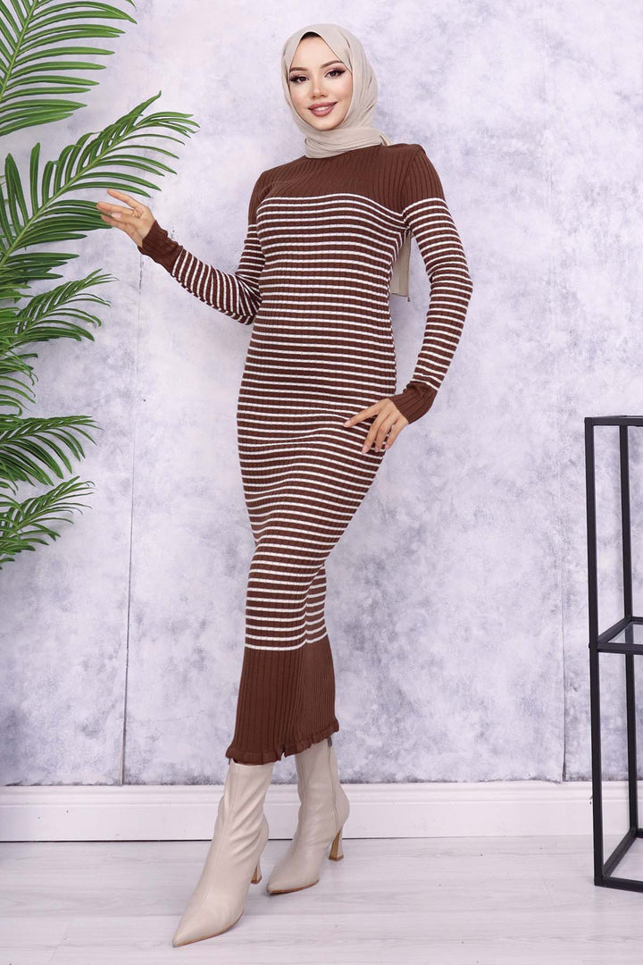 BNG Women Fisherman Collar Striped Dress Brown - Turnhout
